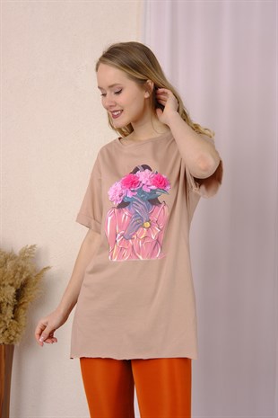 Vizon Figürlü Çiçekli Tshirt